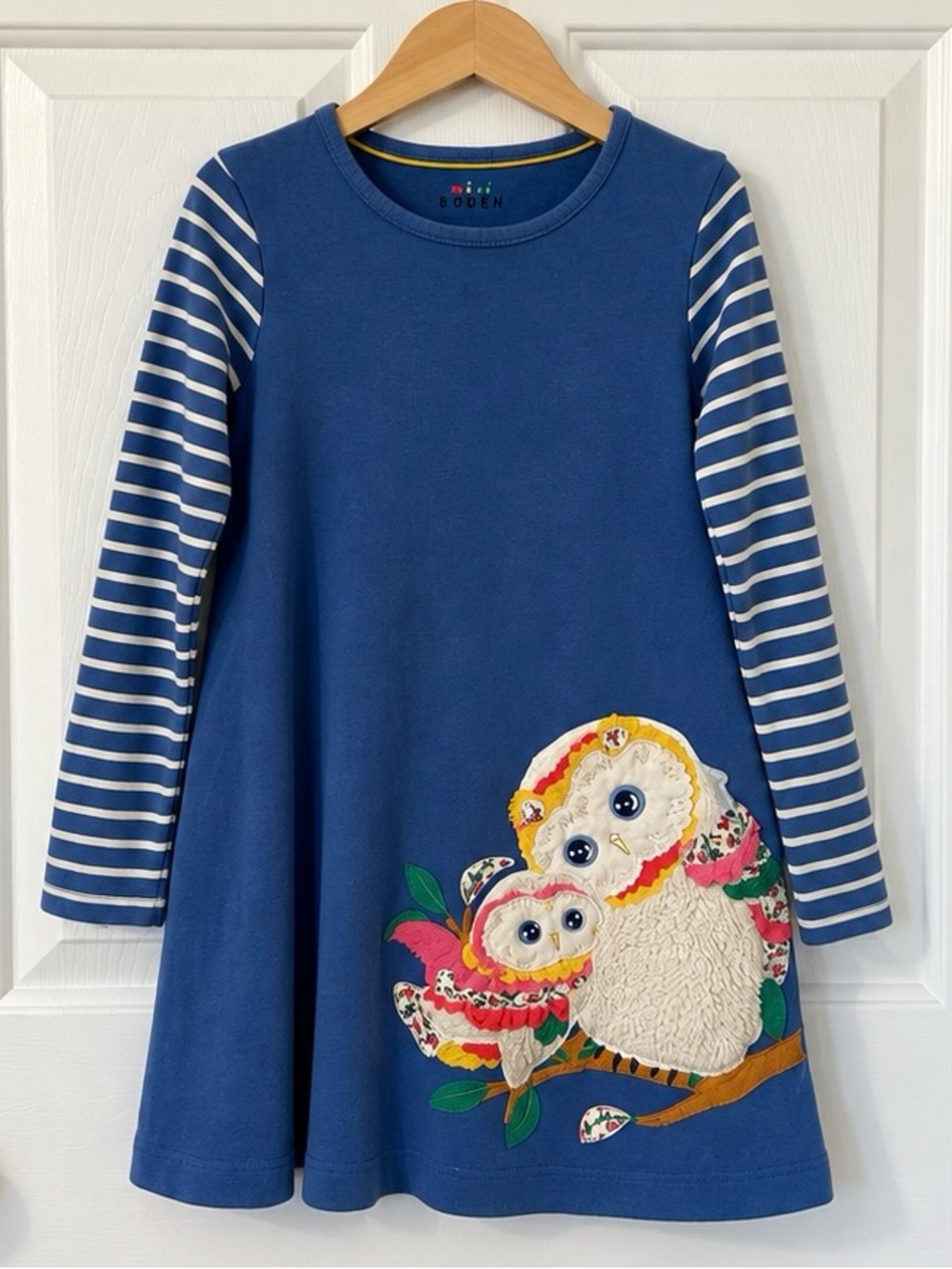 Mini Boden Blue Owl Appliqué Long Sleeve Dress - Kids Size 7/8